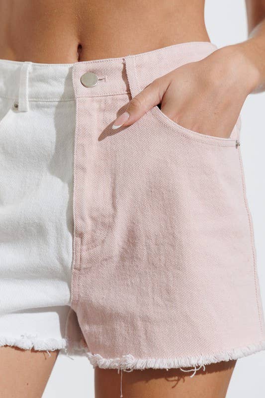 Selma Colorblock Denim Shorts | White & Blush-women - bottoms - shorts-Papermoon-Sister Shirts, Cute & Custom Tees for Mama & Littles in Trussville, Alabama.