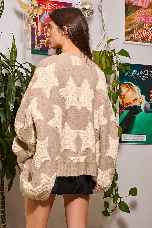 Oversized Star Sweater Cardigan | Taupe-Women - Tops - Sweaters-BUCKETLIST-Sister Shirts, Cute & Custom Tees for Mama & Littles in Trussville, Alabama.