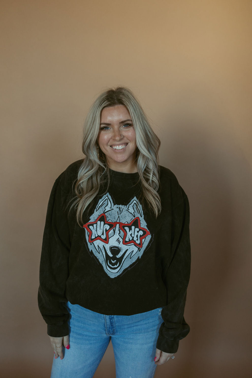 Huskies Glasses | Adult Mineral Wash Crewneck-Women - Tops - Crewnecks-Sister Shirts-Sister Shirts, Cute & Custom Tees for Mama & Littles in Trussville, Alabama.