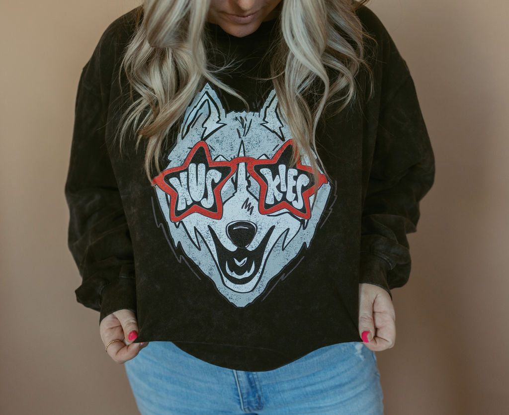 Huskies Glasses | Adult Mineral Wash Crewneck-Women - Tops - Crewnecks-Sister Shirts-Sister Shirts, Cute & Custom Tees for Mama & Littles in Trussville, Alabama.