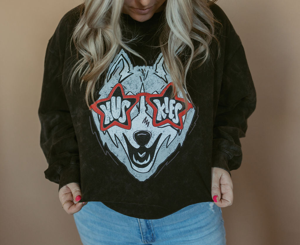 Huskies Glasses | Adult Mineral Wash Pullover-Adult Crewneck-Sister Shirts-Sister Shirts, Cute & Custom Tees for Mama & Littles in Trussville, Alabama.