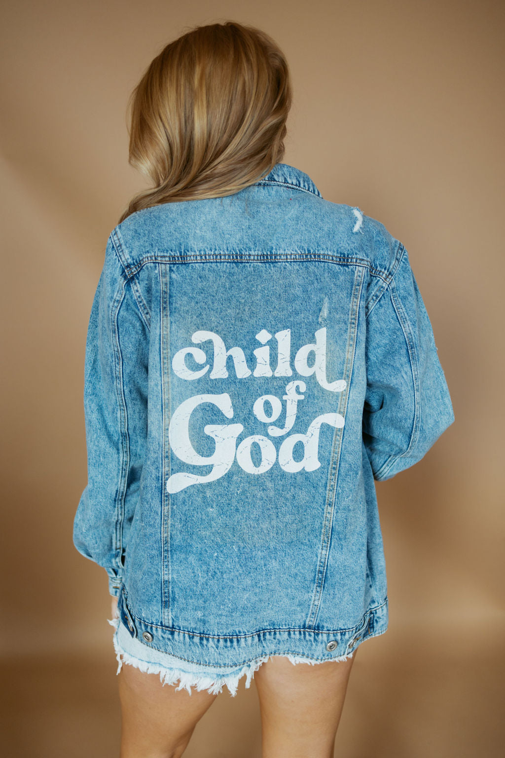 Child of God Distressed Denim Jacket-Jacket-BLUE AGE-Sister Shirts, Cute & Custom Tees for Mama & Littles in Trussville, Alabama.