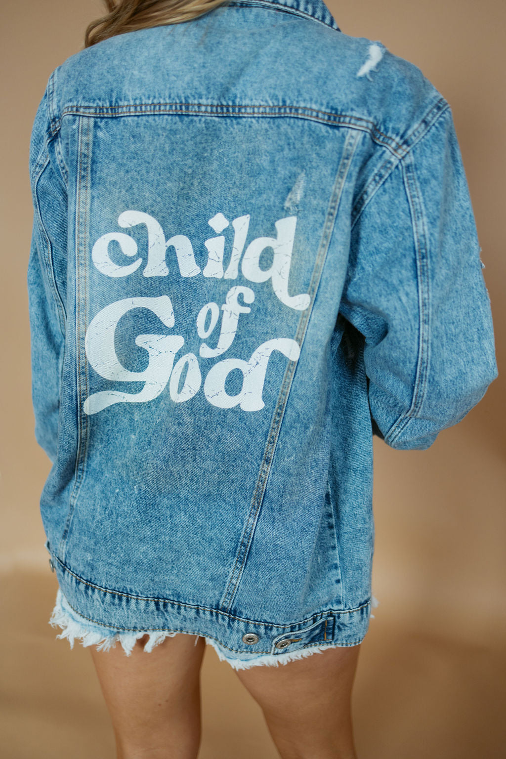 Child of God Distressed Denim Jacket | RTS-Women - Outerwear - Jackets-BLUE AGE-Sister Shirts, Cute & Custom Tees for Mama & Littles in Trussville, Alabama.