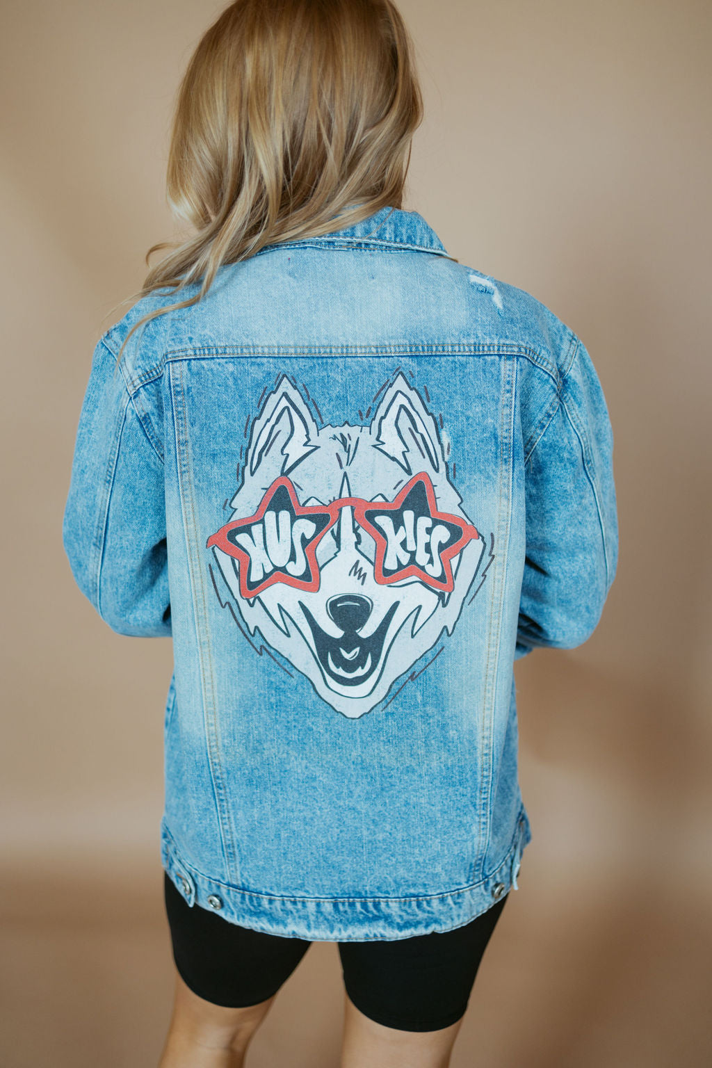 Huskies Glasses Distressed Denim Jacket-Women - Outerwear - Jackets-BLUE AGE-Sister Shirts, Cute & Custom Tees for Mama & Littles in Trussville, Alabama.