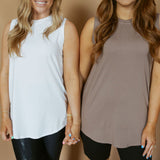 Notched Sleeveless Flowy Tank Top | White-Womens -Tops - Tanks-Mono B-Sister Shirts, Cute & Custom Tees for Mama & Littles in Trussville, Alabama.