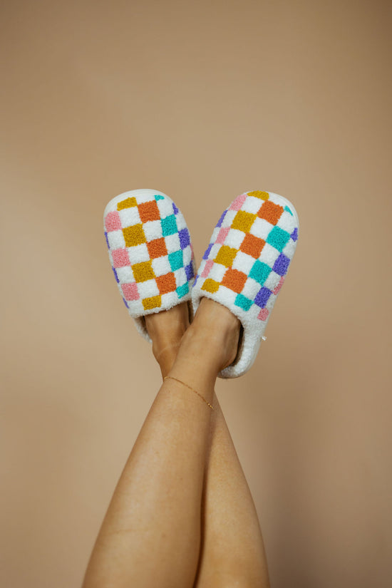 Multicolored Checkered Pattern Fuzzy Slippers-Slippers-Katydid-Sister Shirts, Cute & Custom Tees for Mama & Littles in Trussville, Alabama.