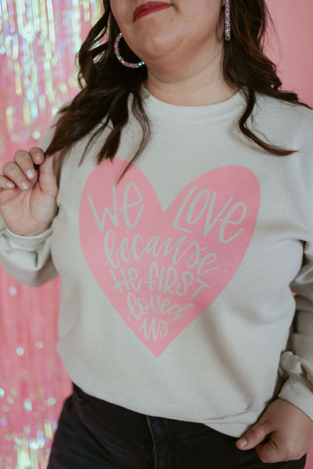 He First Loved Us | Adult Balloon Sleeve Mom Crop Pullover | RTS-Adult Crewneck-Sister Shirts-Sister Shirts, Cute & Custom Tees for Mama & Littles in Trussville, Alabama.