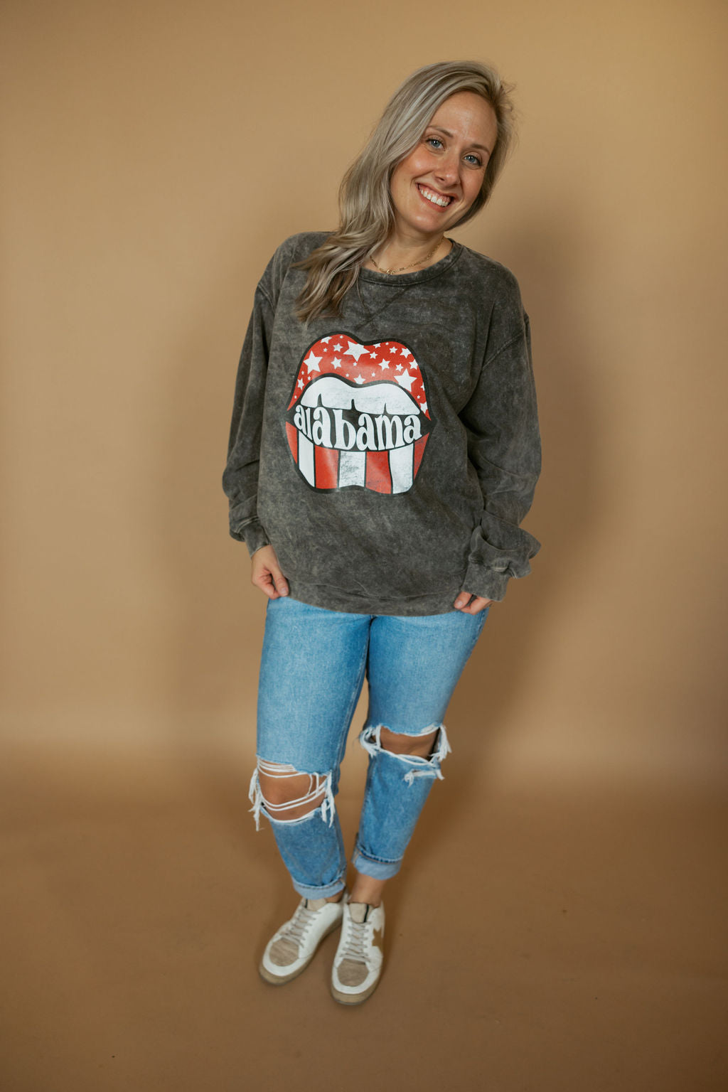 Alabama Distressed Lips | Adult Mineral Wash Crewneck-Women - Tops - Crewnecks-Sister Shirts-Sister Shirts, Cute & Custom Tees for Mama & Littles in Trussville, Alabama.