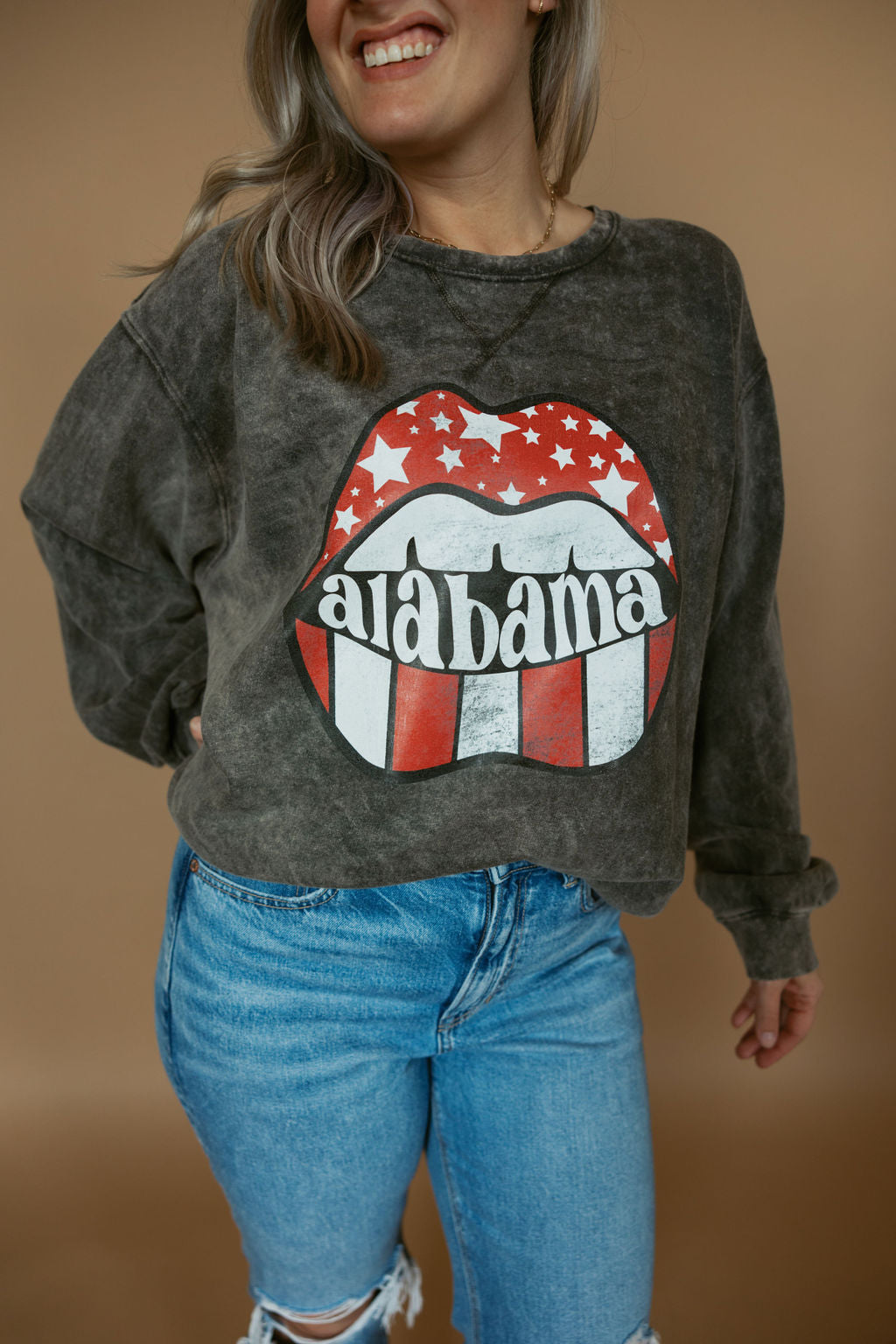 Alabama Distressed Lips | Adult Mineral Wash Crewneck-Adult Crewneck-Sister Shirts-Sister Shirts, Cute & Custom Tees for Mama & Littles in Trussville, Alabama.