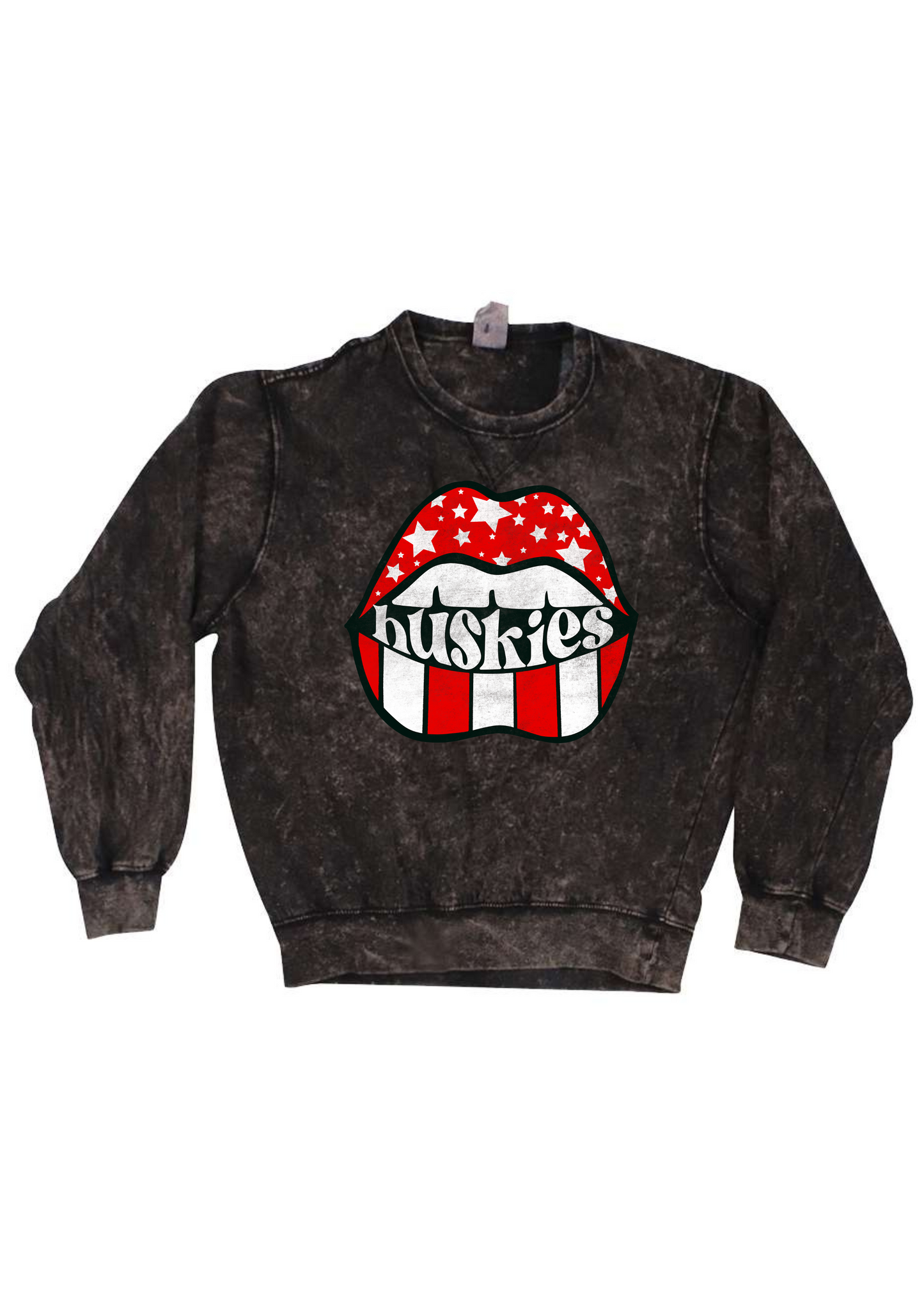 Huskies Distressed Lips | Adult Mineral Wash Pullover-Adult Crewneck-Sister Shirts-Sister Shirts, Cute & Custom Tees for Mama & Littles in Trussville, Alabama.