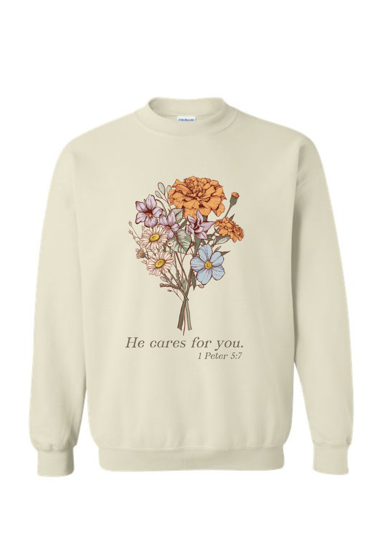 He Cares For You | Flower Crewneck-Women - Tops - Crewnecks-Sister Shirts-Sister Shirts, Cute & Custom Tees for Mama & Littles in Trussville, Alabama.