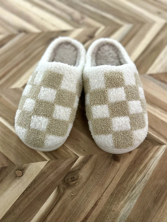 Tan + White Checkered Slippers-Slippers-Katydid-Sister Shirts, Cute & Custom Tees for Mama & Littles in Trussville, Alabama.