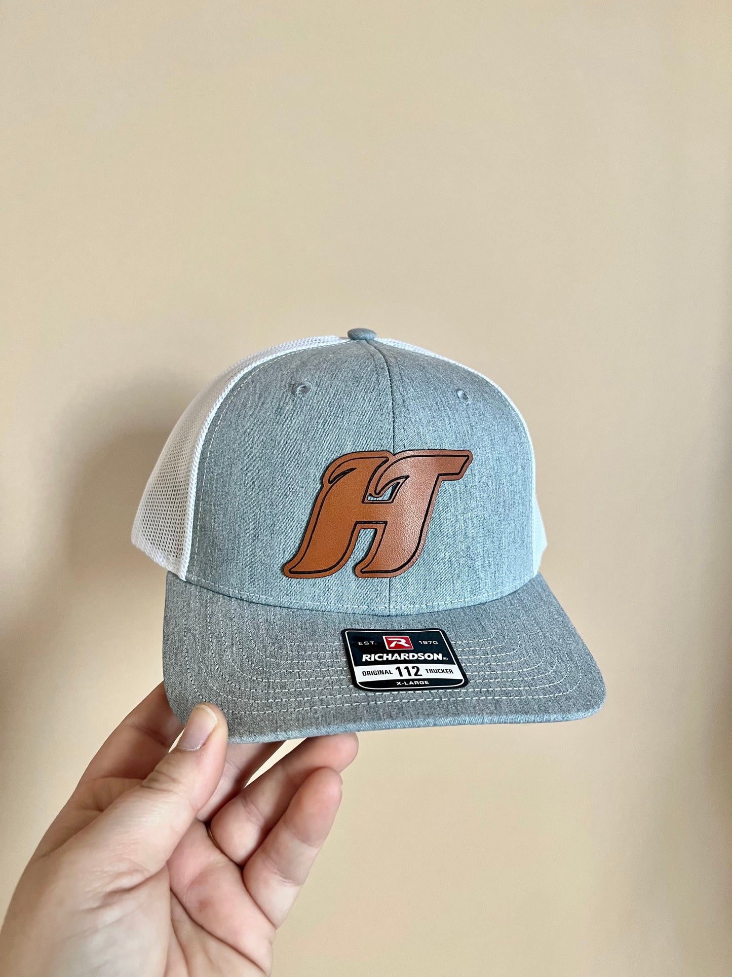 HT Swoosh Leather Patch | Adult Richardson 112 Hat | Heather Grey-Hats-Richardson-Sister Shirts, Cute & Custom Tees for Mama & Littles in Trussville, Alabama.