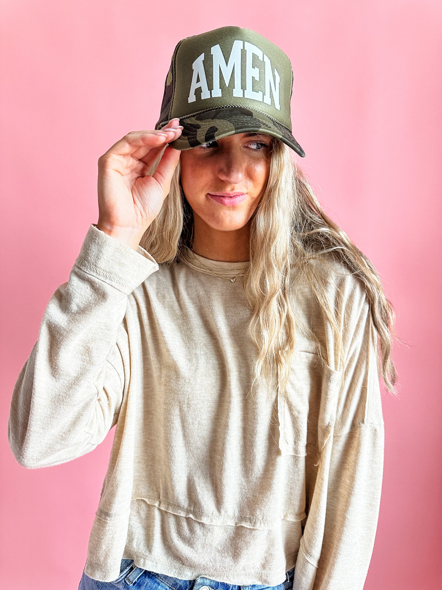 Can I Get an Amen? in Camo | Adult Trucker Hat-Women - Accessories - Hats-Sister Shirts-Sister Shirts, Cute & Custom Tees for Mama & Littles in Trussville, Alabama.