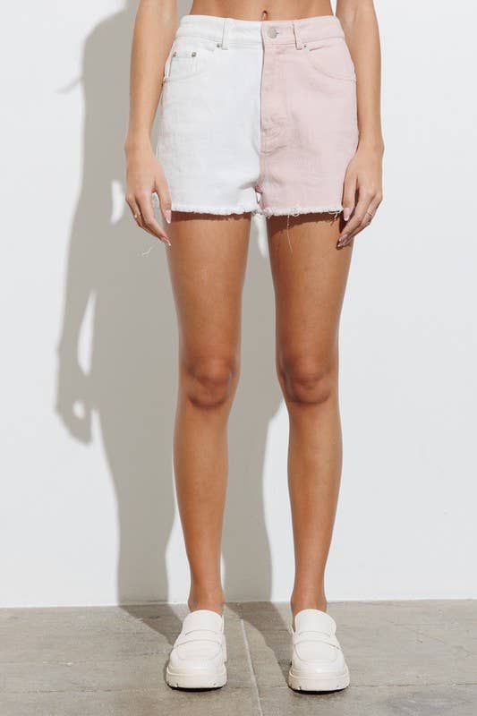 Selma Colorblock Denim Shorts | White & Blush-women - bottoms - shorts-Papermoon-Sister Shirts, Cute & Custom Tees for Mama & Littles in Trussville, Alabama.