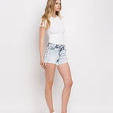 Mid-Rise Crossover Waistband Denim Shorts | Acid Wash-women - bottoms - shorts-VERVET by FLYING MONKEY-Sister Shirts, Cute & Custom Tees for Mama & Littles in Trussville, Alabama.