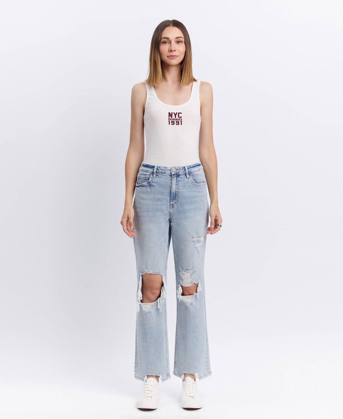 90s Super High-Rise Distressed Straight-Leg Jeans | Light Wash-VERVET by FLYING MONKEY-Sister Shirts, Cute & Custom Tees for Mama & Littles in Trussville, Alabama.