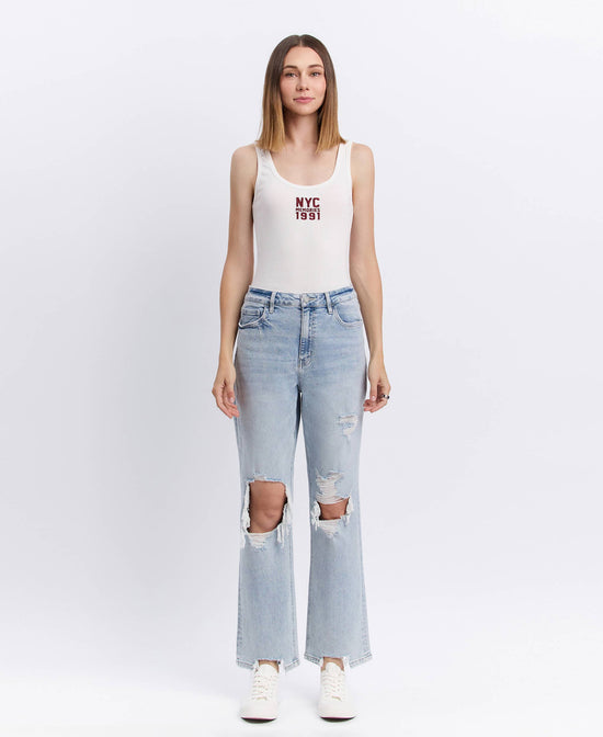 90s Super High-Rise Distressed Straight-Leg Jeans | Light Wash-VERVET by FLYING MONKEY-Sister Shirts, Cute & Custom Tees for Mama & Littles in Trussville, Alabama.