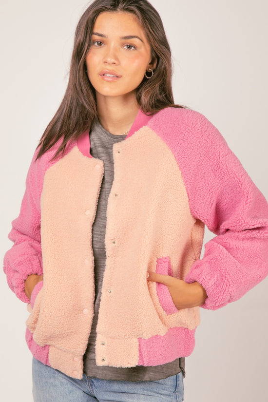 Pink color block jacket best sale