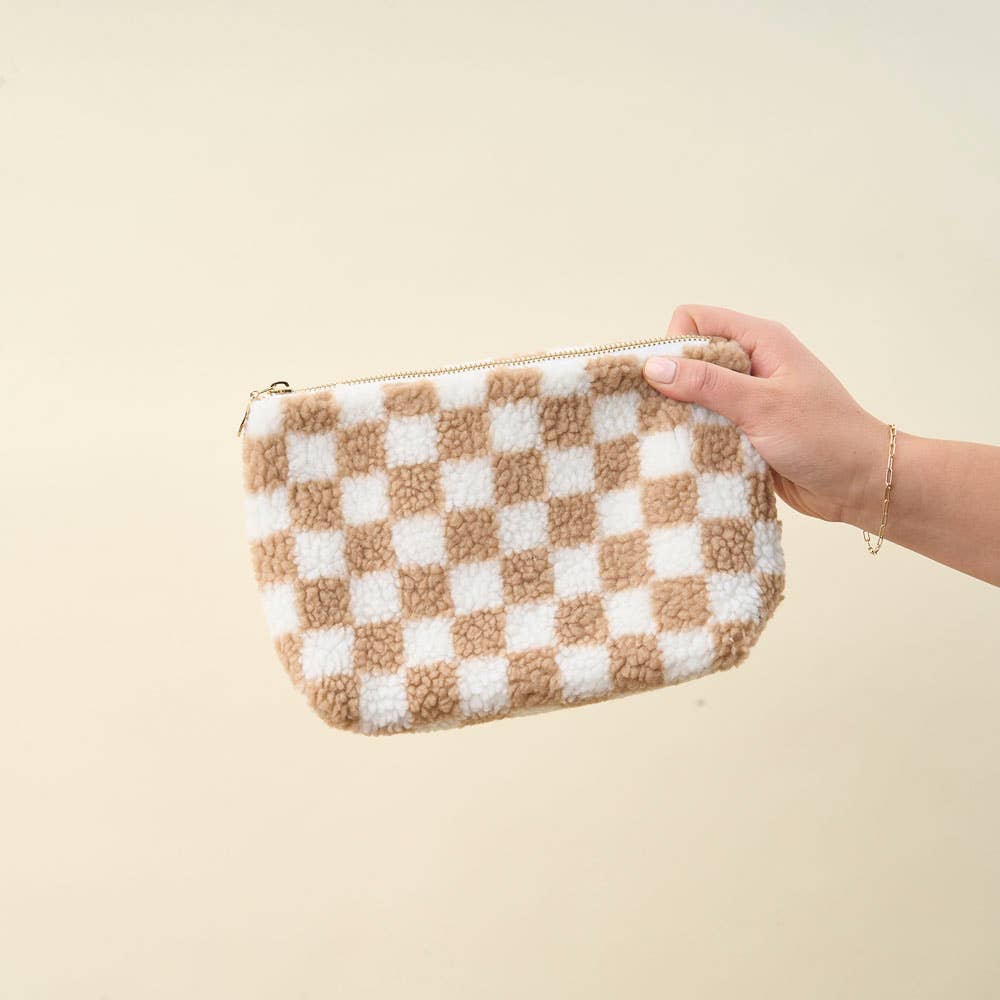 Checkered Teddy | Tan Pouch Medium-Women - Bags - Beauty-The Darling Effect-Sister Shirts, Cute & Custom Tees for Mama & Littles in Trussville, Alabama.