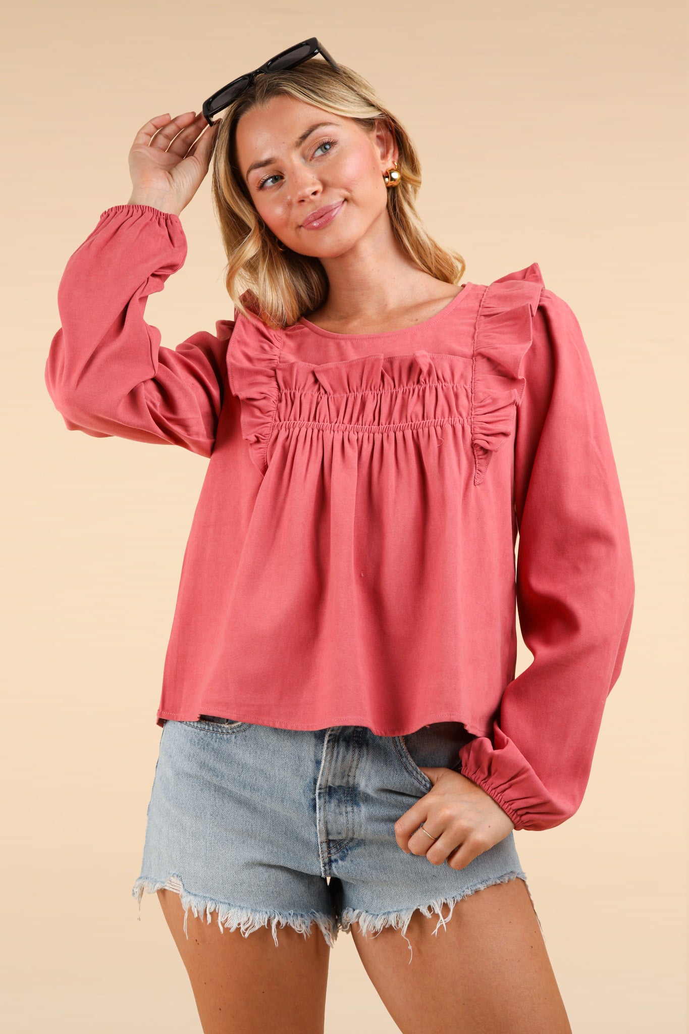Ruffle Shoulder Blouse Top | Mauve-Very J-Sister Shirts, Cute & Custom Tees for Mama & Littles in Trussville, Alabama.