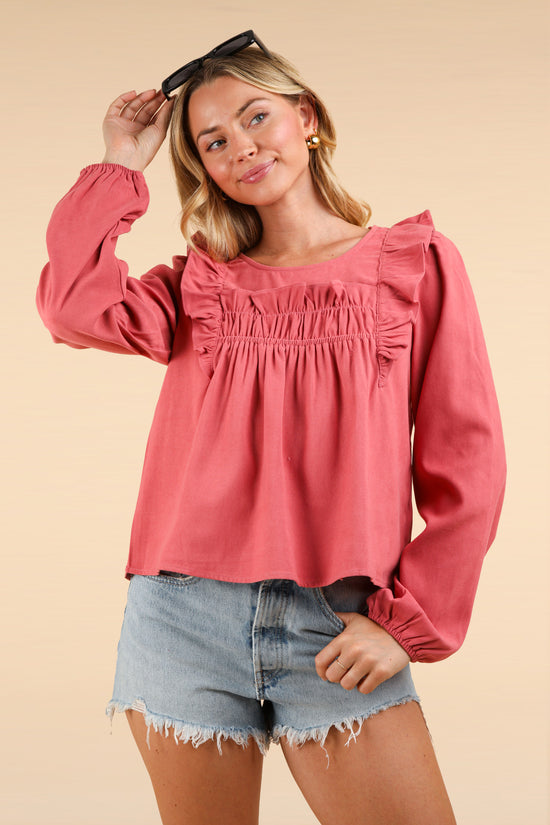 Ruffle Shoulder Blouse Top | Mauve-Very J-Sister Shirts, Cute & Custom Tees for Mama & Littles in Trussville, Alabama.