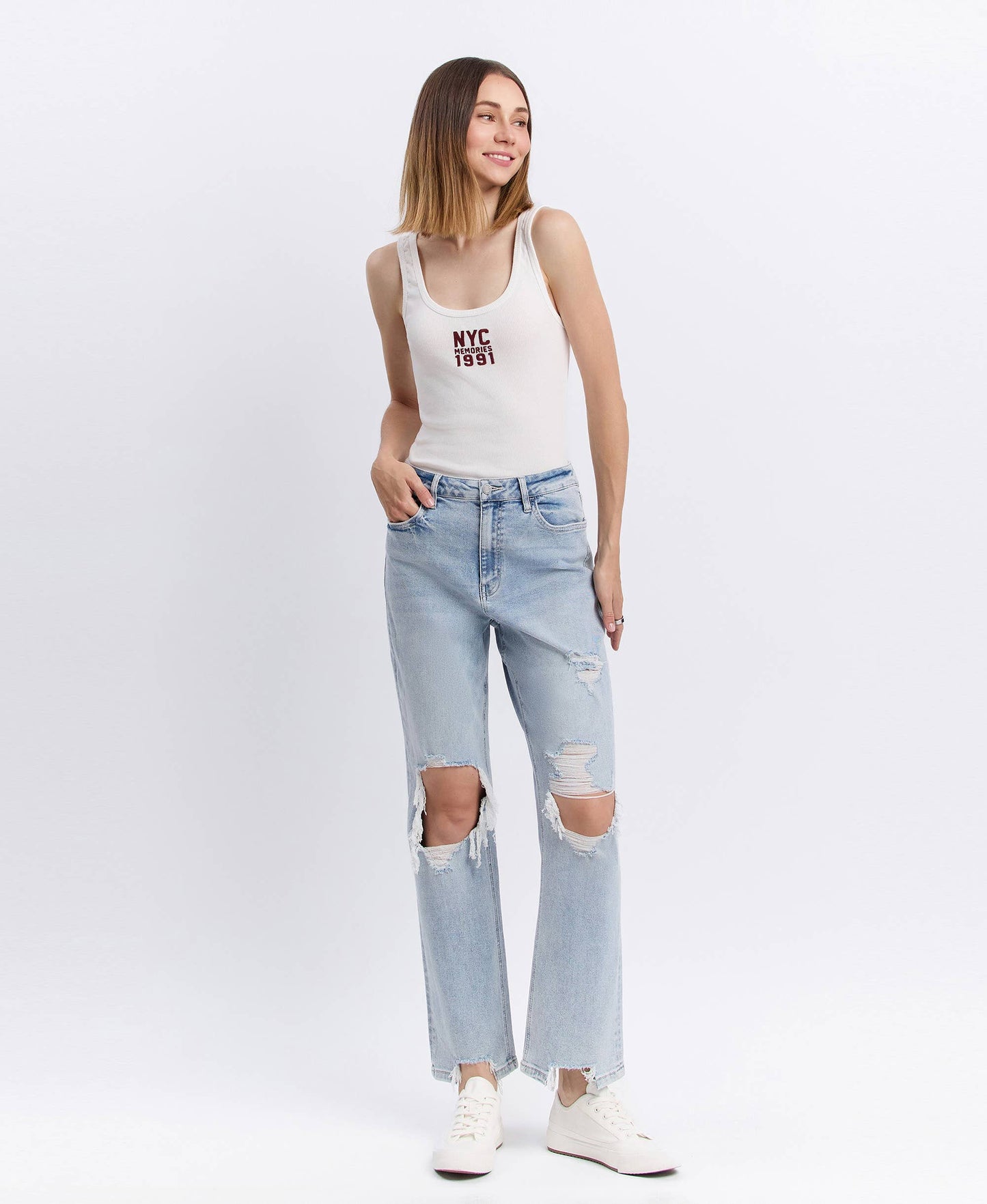 90s Super High-Rise Distressed Straight-Leg Jeans | Light Wash-VERVET by FLYING MONKEY-Sister Shirts, Cute & Custom Tees for Mama & Littles in Trussville, Alabama.