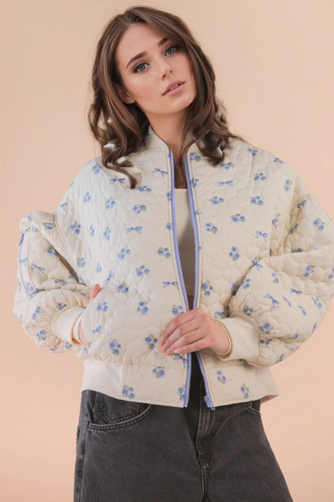 Floral Quilted Oversized Jacket in Blue-Women - Outerwear - Jackets-VERY J-Sister Shirts, Cute & Custom Tees for Mama & Littles in Trussville, Alabama.