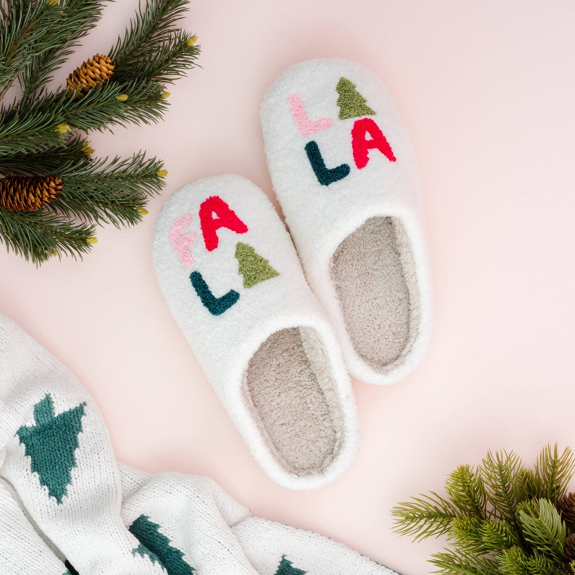 Christmas Holiday Fuzzy Slippers - Fa La La-The Darling Effect-Sister Shirts, Cute & Custom Tees for Mama & Littles in Trussville, Alabama.
