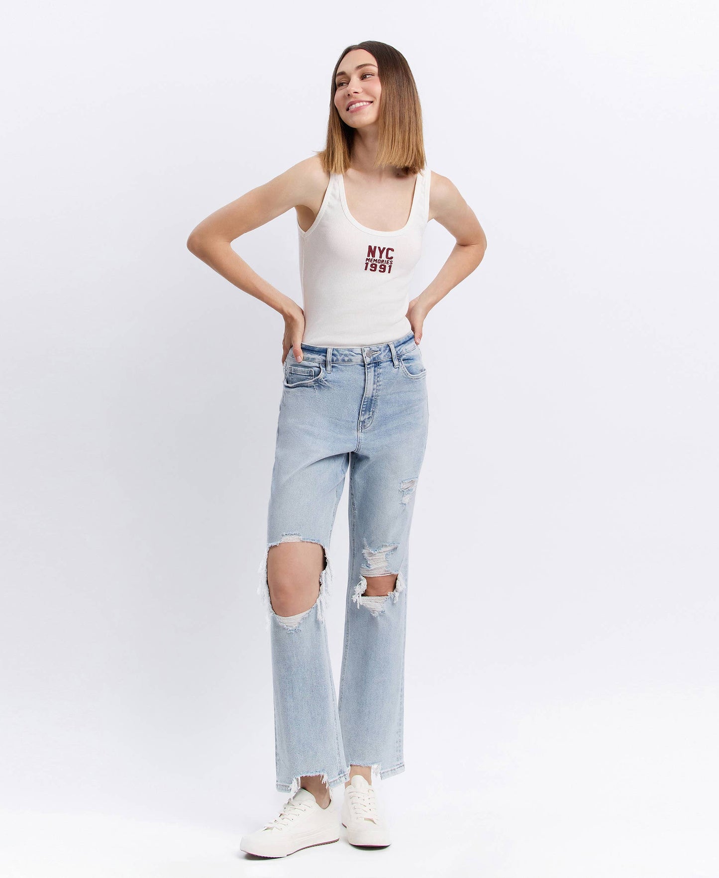 90s Super High-Rise Distressed Straight-Leg Jeans | Light Wash-VERVET by FLYING MONKEY-Sister Shirts, Cute & Custom Tees for Mama & Littles in Trussville, Alabama.