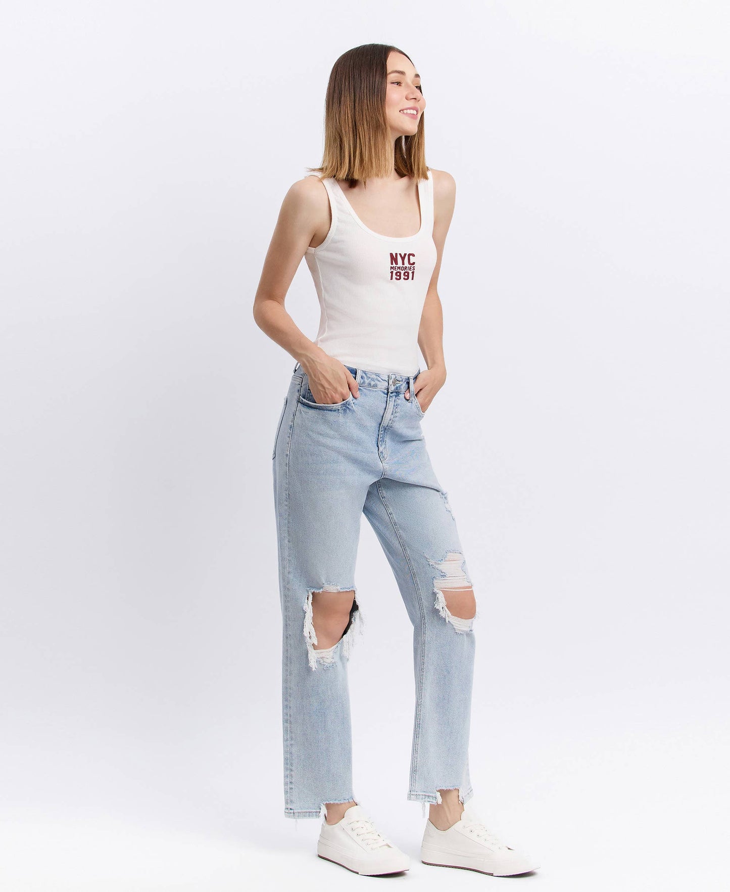 90s Super High-Rise Distressed Straight-Leg Jeans | Light Wash-VERVET by FLYING MONKEY-Sister Shirts, Cute & Custom Tees for Mama & Littles in Trussville, Alabama.