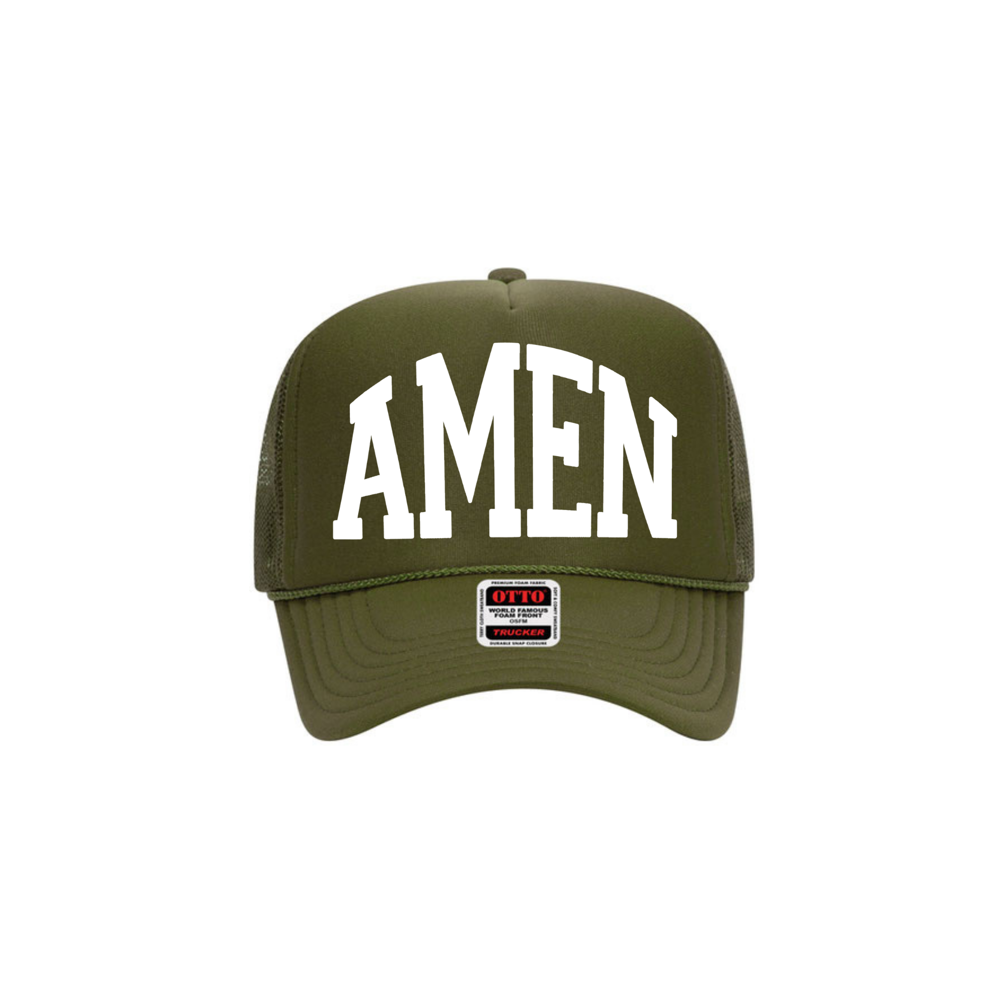 Can I Get an Amen? in Olive | Adult Trucker Hat-Hats-Sister Shirts-Sister Shirts, Cute & Custom Tees for Mama & Littles in Trussville, Alabama.