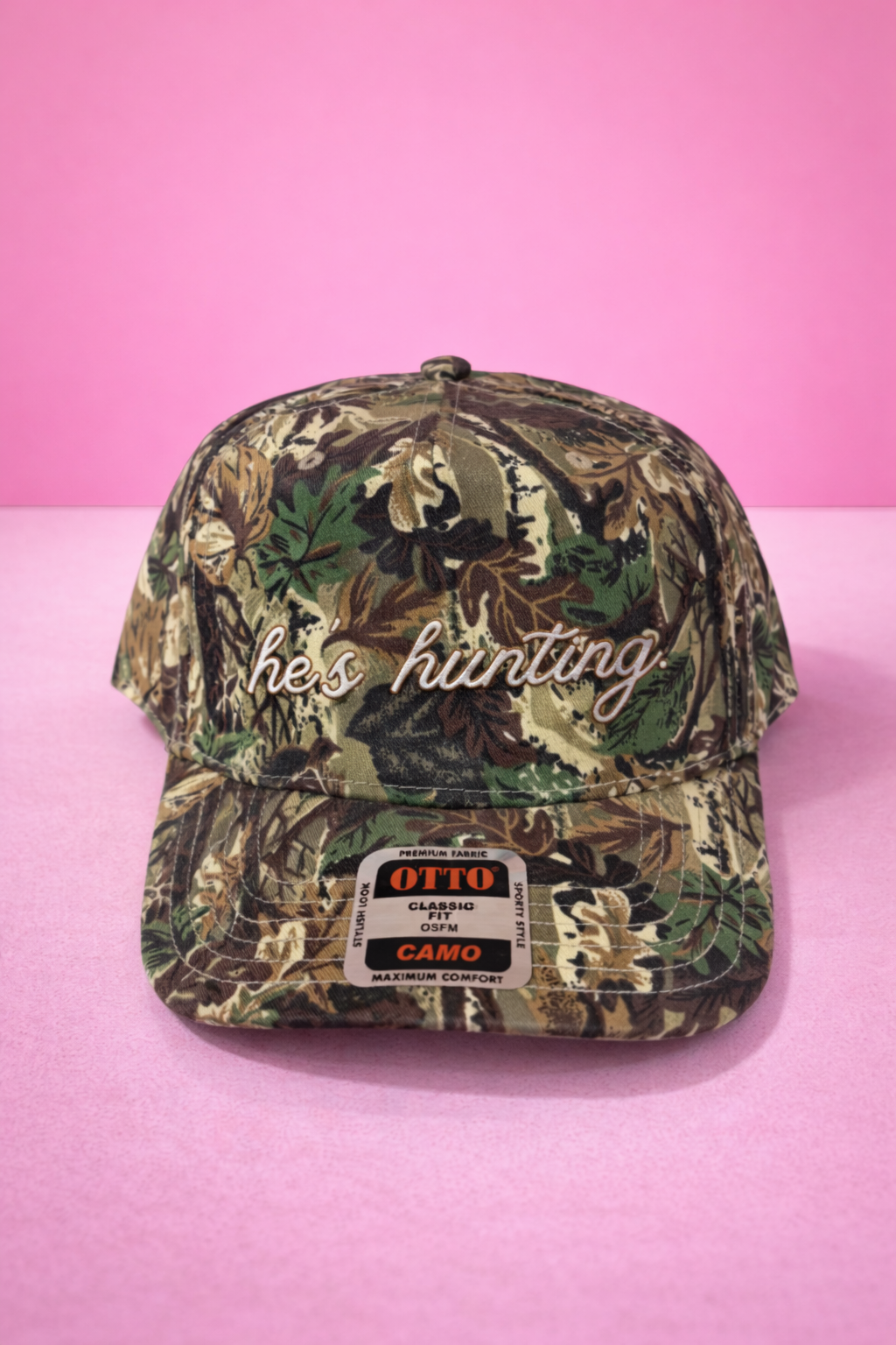 he’s hunting. | Adult Trucker Hat-Women - Accessories - Hats-Sister Shirts-Sister Shirts, Cute & Custom Tees for Mama & Littles in Trussville, Alabama.