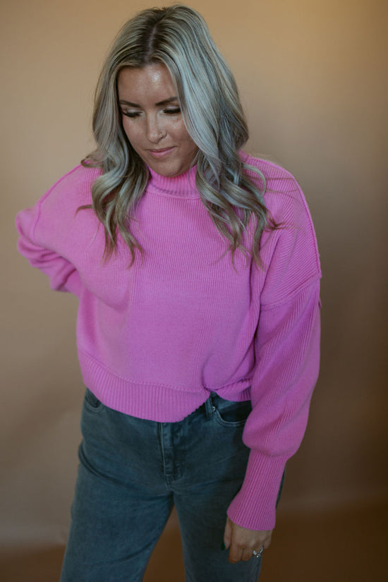 Load image into Gallery viewer, Side Slit Oversized Cropped Sweater | Candy Pink-Sister Shirts-Sister Shirts, Cute &amp;amp; Custom Tees for Mama &amp;amp; Littles in Trussville, Alabama.

