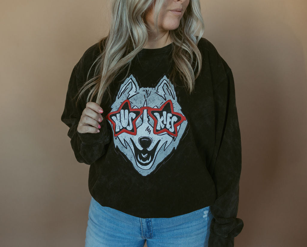 Huskies Glasses | Adult Mineral Wash Pullover-Adult Crewneck-Sister Shirts-Sister Shirts, Cute & Custom Tees for Mama & Littles in Trussville, Alabama.