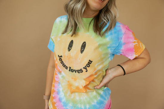 Load image into Gallery viewer, Jesus Loves You | Tie Dye Smiley | Tee | Adult-Adult Tee-Sister Shirts-Sister Shirts, Cute &amp;amp; Custom Tees for Mama &amp;amp; Littles in Trussville, Alabama.
