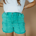 Twill Washed Denim Cargo Shorts | Kelly Green-women - bottoms - shorts-Very J-Sister Shirts, Cute & Custom Tees for Mama & Littles in Trussville, Alabama.