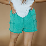 Twill Washed Denim Cargo Shorts | Kelly Green-women - bottoms - shorts-Very J-Sister Shirts, Cute & Custom Tees for Mama & Littles in Trussville, Alabama.