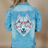 Huskies Glasses Distressed Denim Jacket-Women - Outerwear - Jackets-BLUE AGE-Sister Shirts, Cute & Custom Tees for Mama & Littles in Trussville, Alabama.
