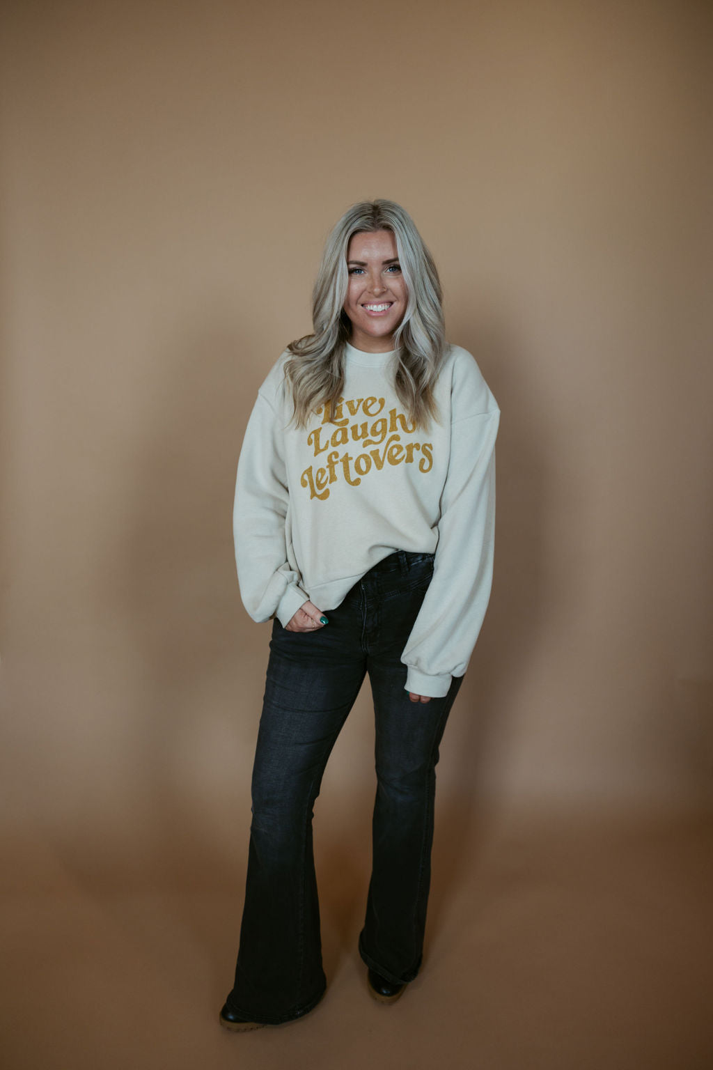 Live, Laugh, Leftovers | Adult Balloon Sleeve Mom Crop Crewneck-Adult Crewneck-Sister Shirts-Sister Shirts, Cute & Custom Tees for Mama & Littles in Trussville, Alabama.