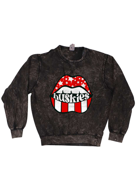 Huskies Distressed Lips | Adult Mineral Wash Crewneck | RTS-Adult Crewneck-Sister Shirts-Sister Shirts, Cute & Custom Tees for Mama & Littles in Trussville, Alabama.