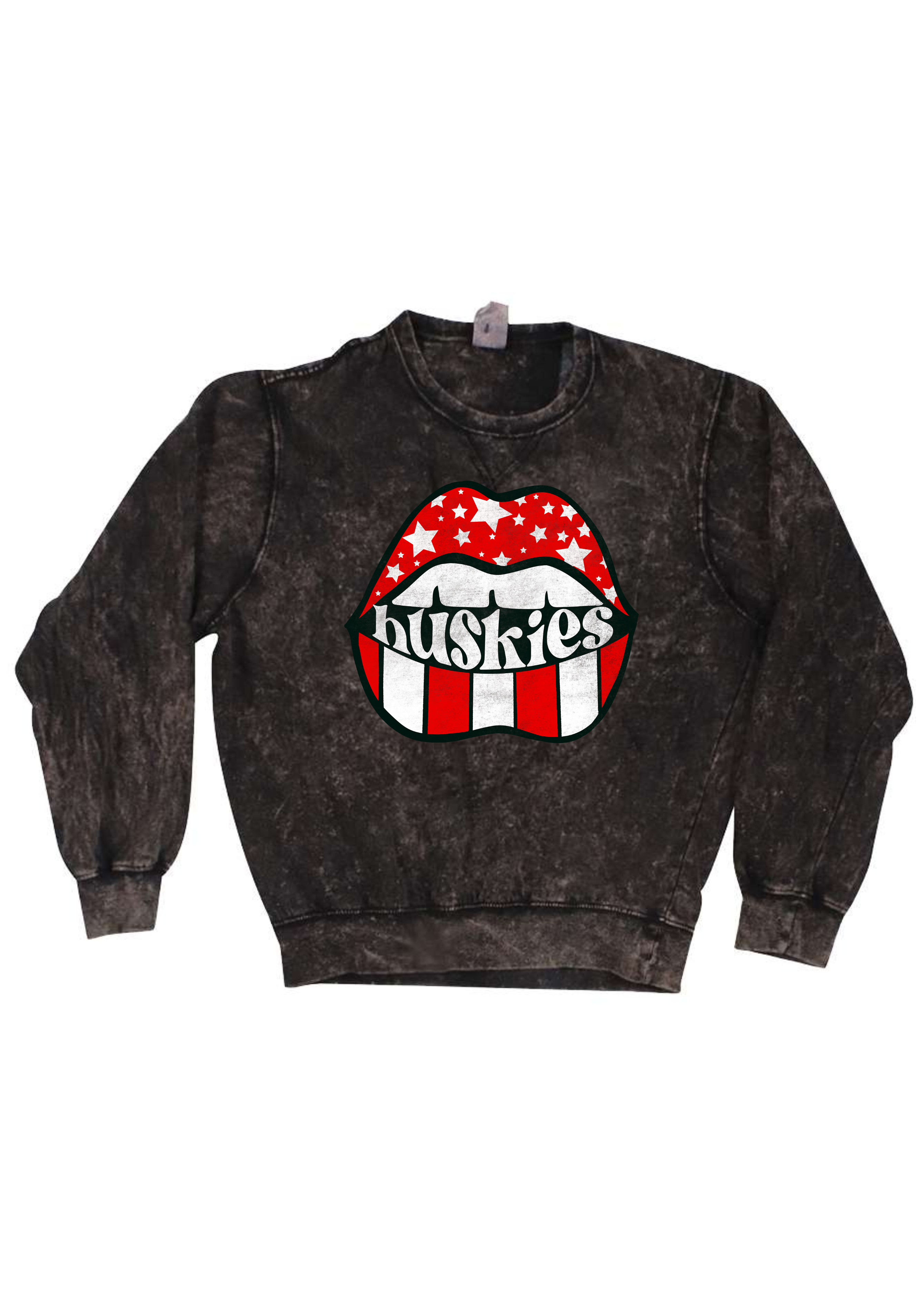 Huskies Distressed Lips | Adult Mineral Wash Crewneck-Women - Tops - Crewnecks-Sister Shirts-Sister Shirts, Cute & Custom Tees for Mama & Littles in Trussville, Alabama.