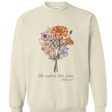 He Cares For You | Flower Crewneck-Women - Tops - Crewnecks-Sister Shirts-Sister Shirts, Cute & Custom Tees for Mama & Littles in Trussville, Alabama.