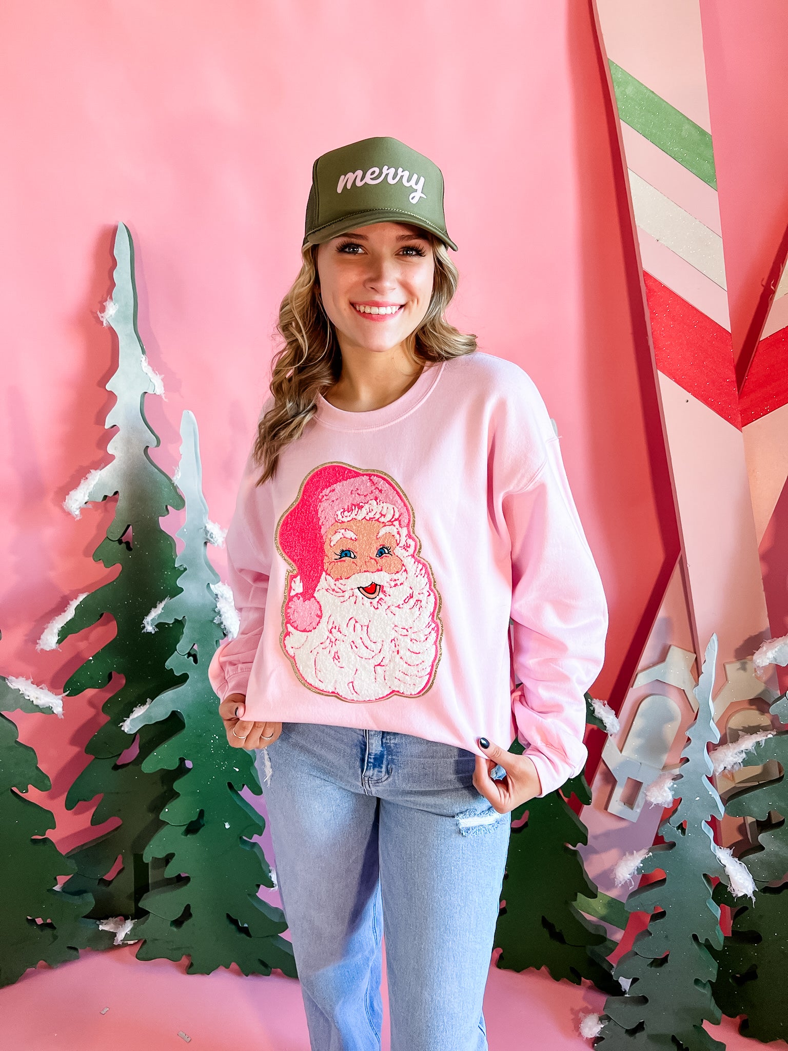 Pink Santa Chenille Patch | Adult Crewneck-Women - Tops - Crewnecks-Sister Shirts-Sister Shirts, Cute & Custom Tees for Mama & Littles in Trussville, Alabama.