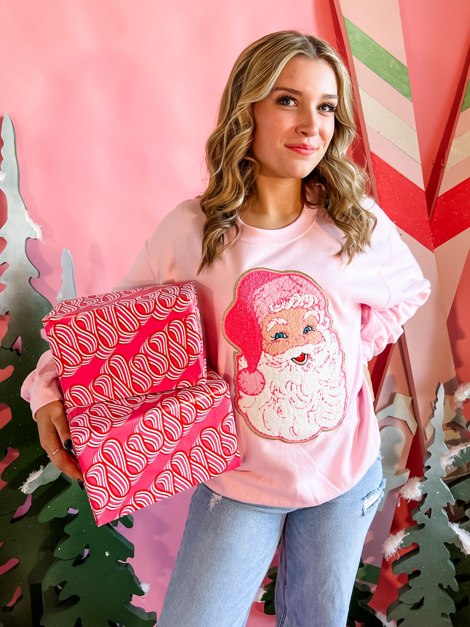 Pink Santa Chenille Patch | Adult Crewneck-Women - Tops - Crewnecks-Sister Shirts-Sister Shirts, Cute & Custom Tees for Mama & Littles in Trussville, Alabama.
