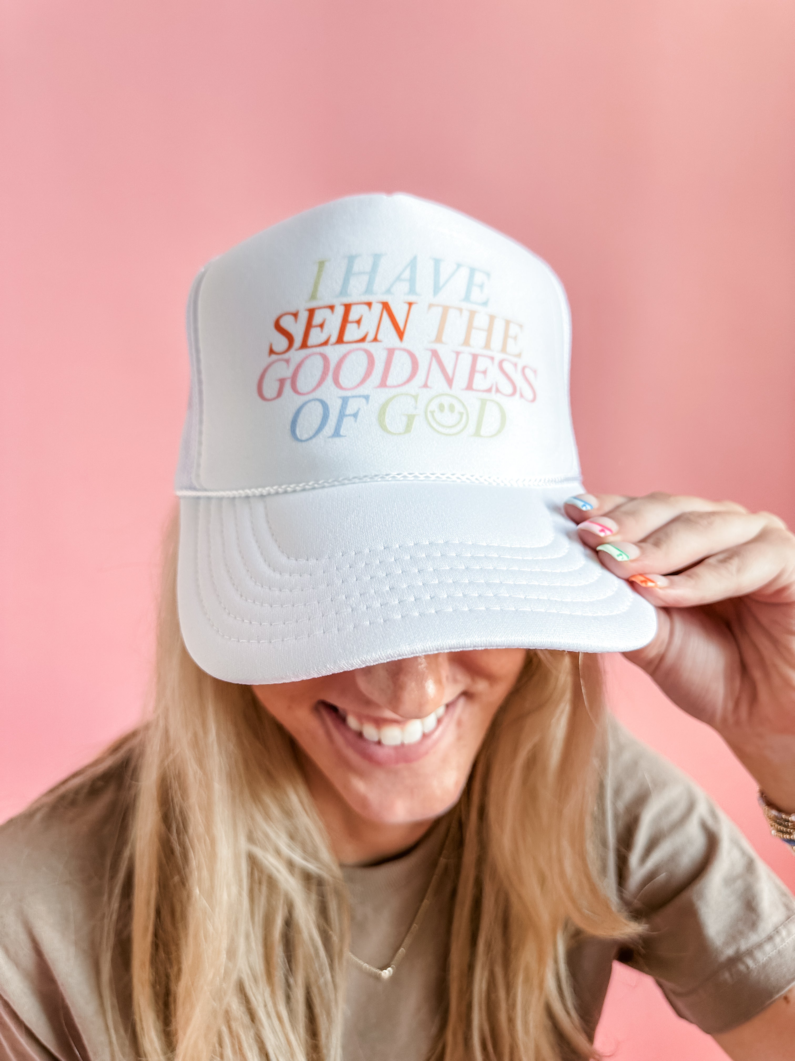 Goodness of God In Solid White | Adult Trucker Hat-Women - Accessories - Hats-Sister Shirts-Sister Shirts, Cute & Custom Tees for Mama & Littles in Trussville, Alabama.