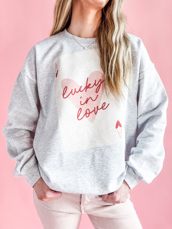 Lucky in Love Ace of Hearts | Adult Crewneck-Sister Shirts-Sister Shirts, Cute & Custom Tees for Mama & Littles in Trussville, Alabama.