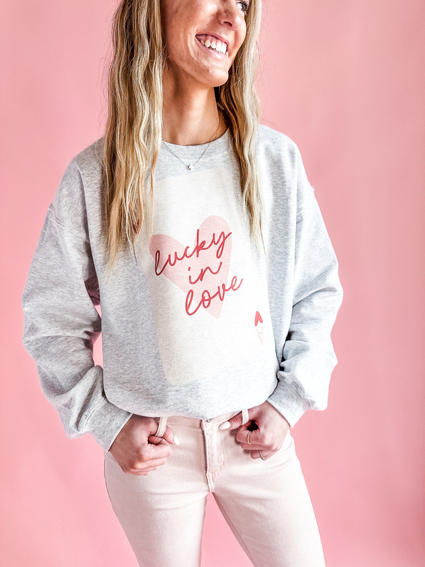 Lucky in Love Ace of Hearts | Adult Crewneck-Sister Shirts-Sister Shirts, Cute & Custom Tees for Mama & Littles in Trussville, Alabama.