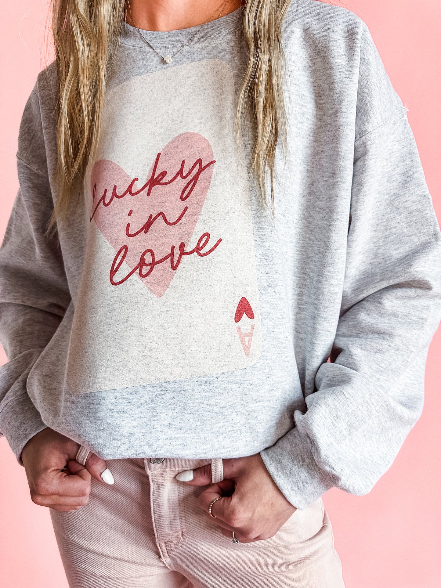 Lucky in Love Ace of Hearts | Adult Crewneck-Sister Shirts-Sister Shirts, Cute & Custom Tees for Mama & Littles in Trussville, Alabama.