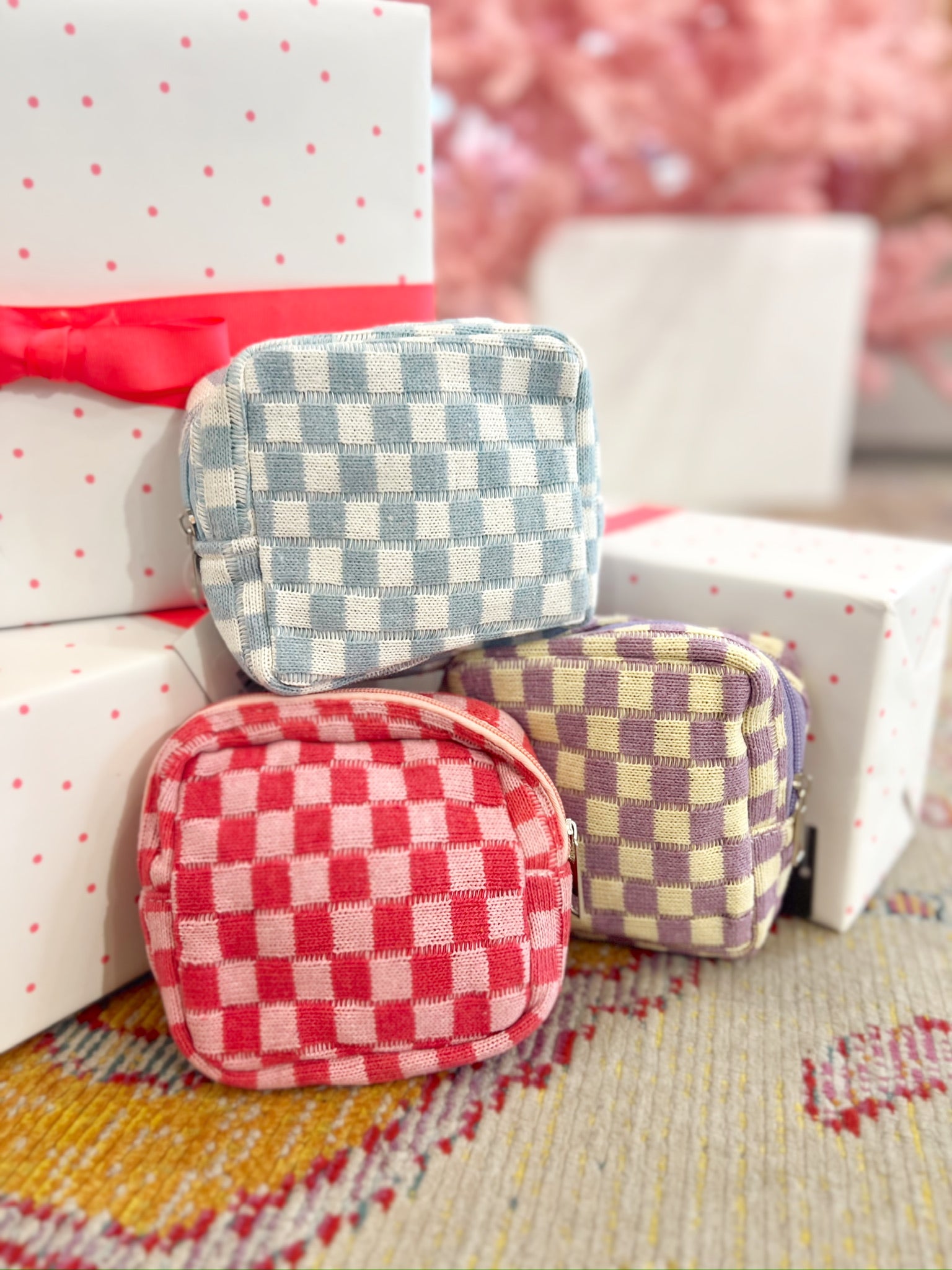 Mini Checkered Travel Pouch in Pink-Women - Bags-Zenana-Sister Shirts, Cute & Custom Tees for Mama & Littles in Trussville, Alabama.